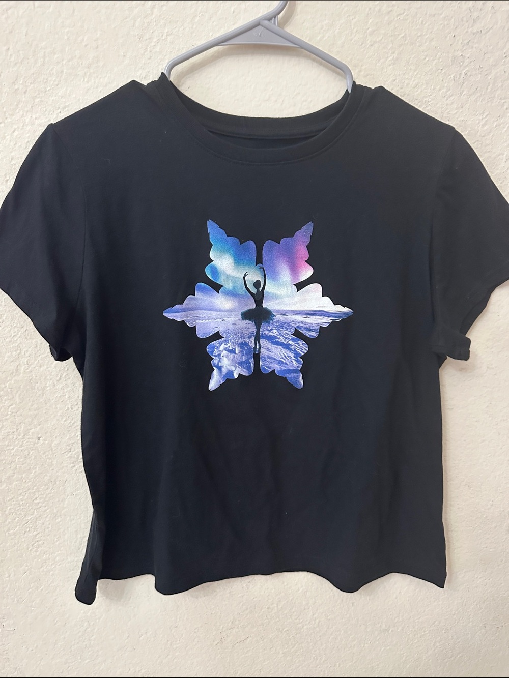 Xersion Black Short-Sleeve Tee with Blue and Purple Ballerina Butterfly Graphic